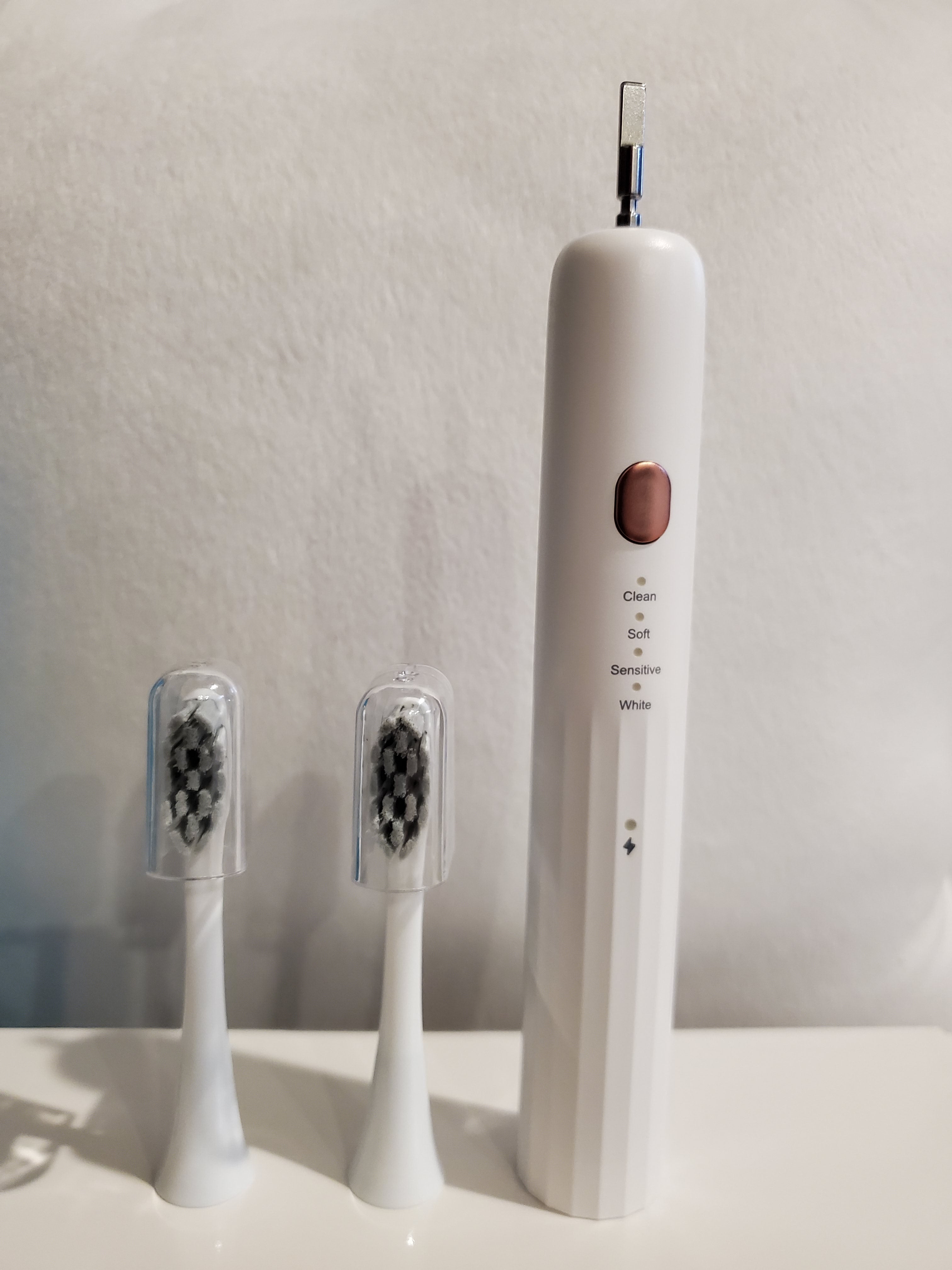 Electric toothbrush with multiple heads on a white background
