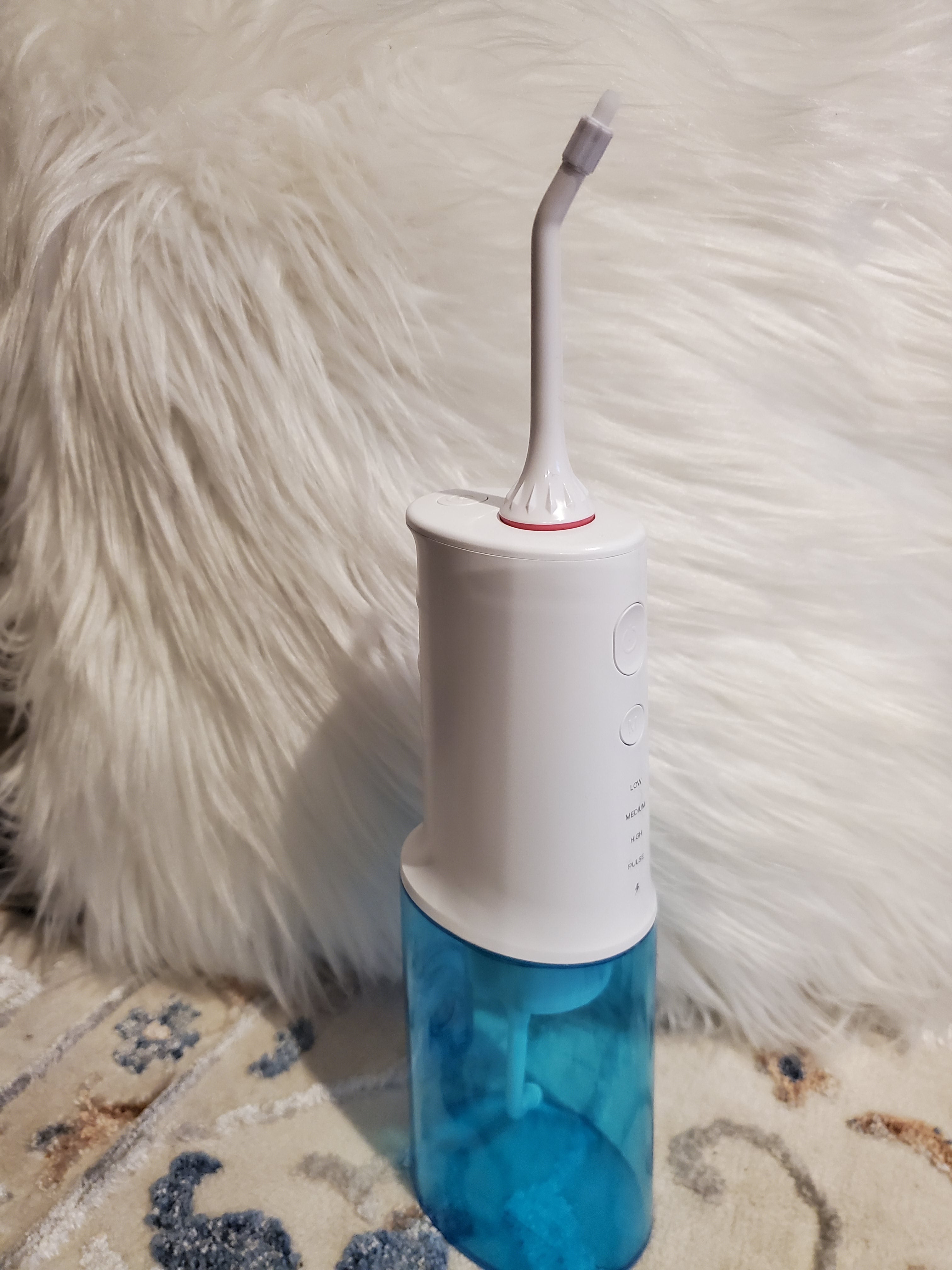 Blue and white dental water flosser 