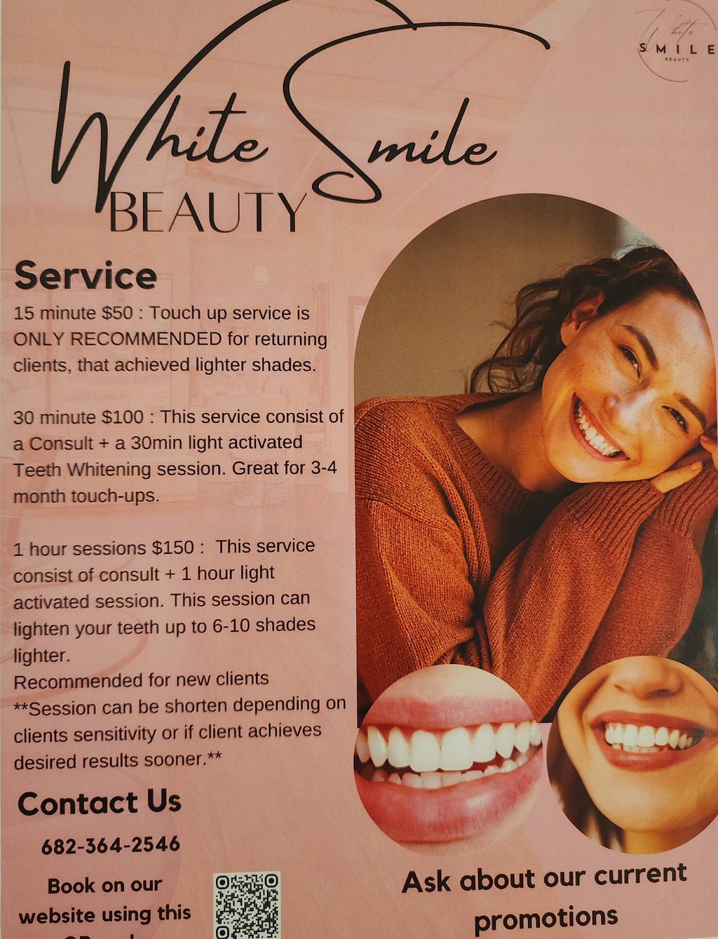 Advertisement for White Smile Beauty service with pricing and contact information.